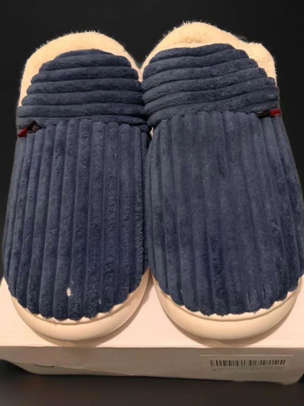 Plush Navy Blue Corduroy Slide Slippers